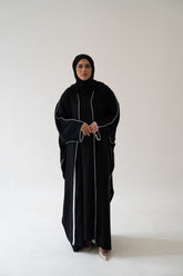 Black Abaya with White Piping – 3-Piece Set