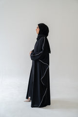 Black Abaya with White Piping – 3-Piece Set