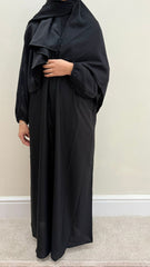 Plain Black Abaya with Cuffed Sleeves; Attached Hijab