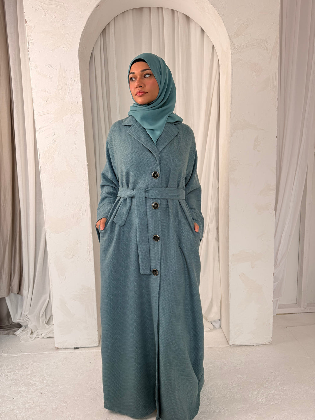 Tweed Button-Front Abaya Coat with Belt & Matching Hijab