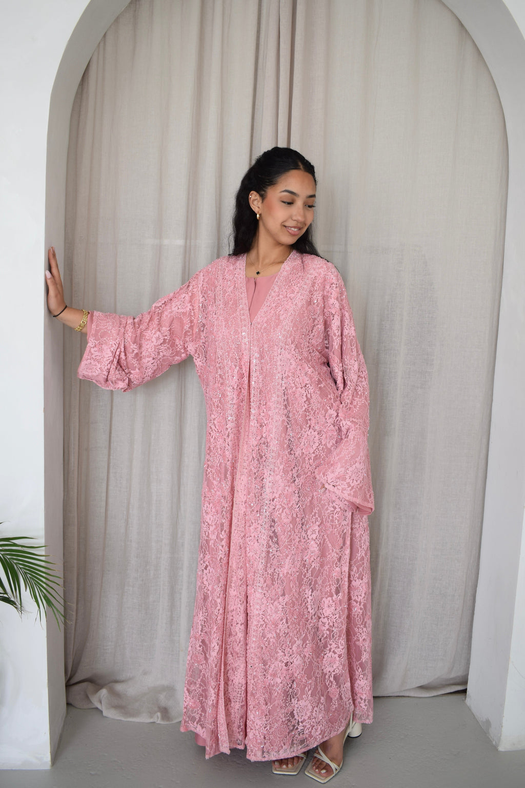 Luxury Lace Beaded Abaya Set with Inner Dress & Matching Hijab. Wedding Edition