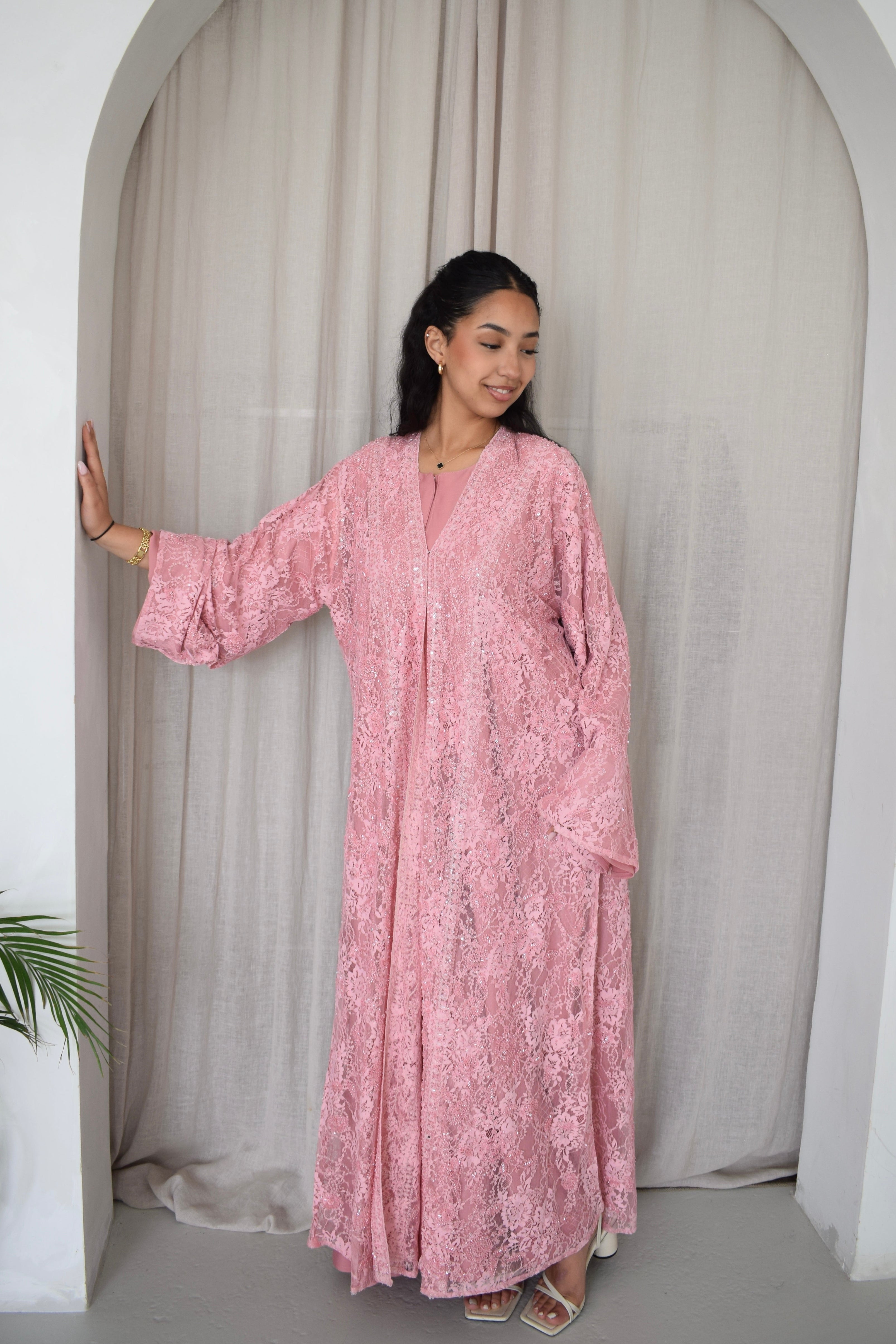 Luxury Lace Beaded Abaya Set with Inner Dress & Matching Hijab. Wedding Edition