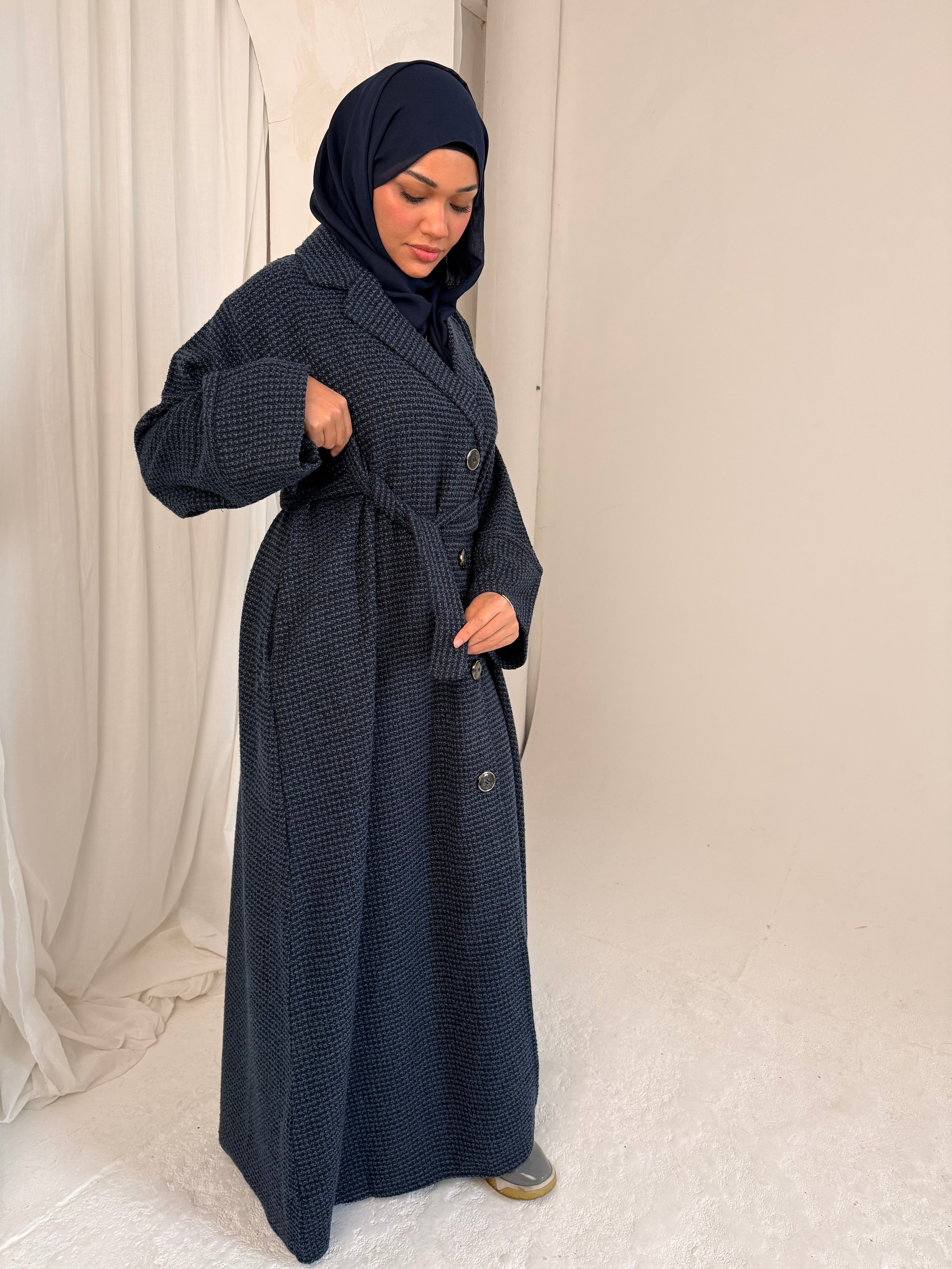 Tweed Button-Front Abaya Coat with Belt & Matching Hijab