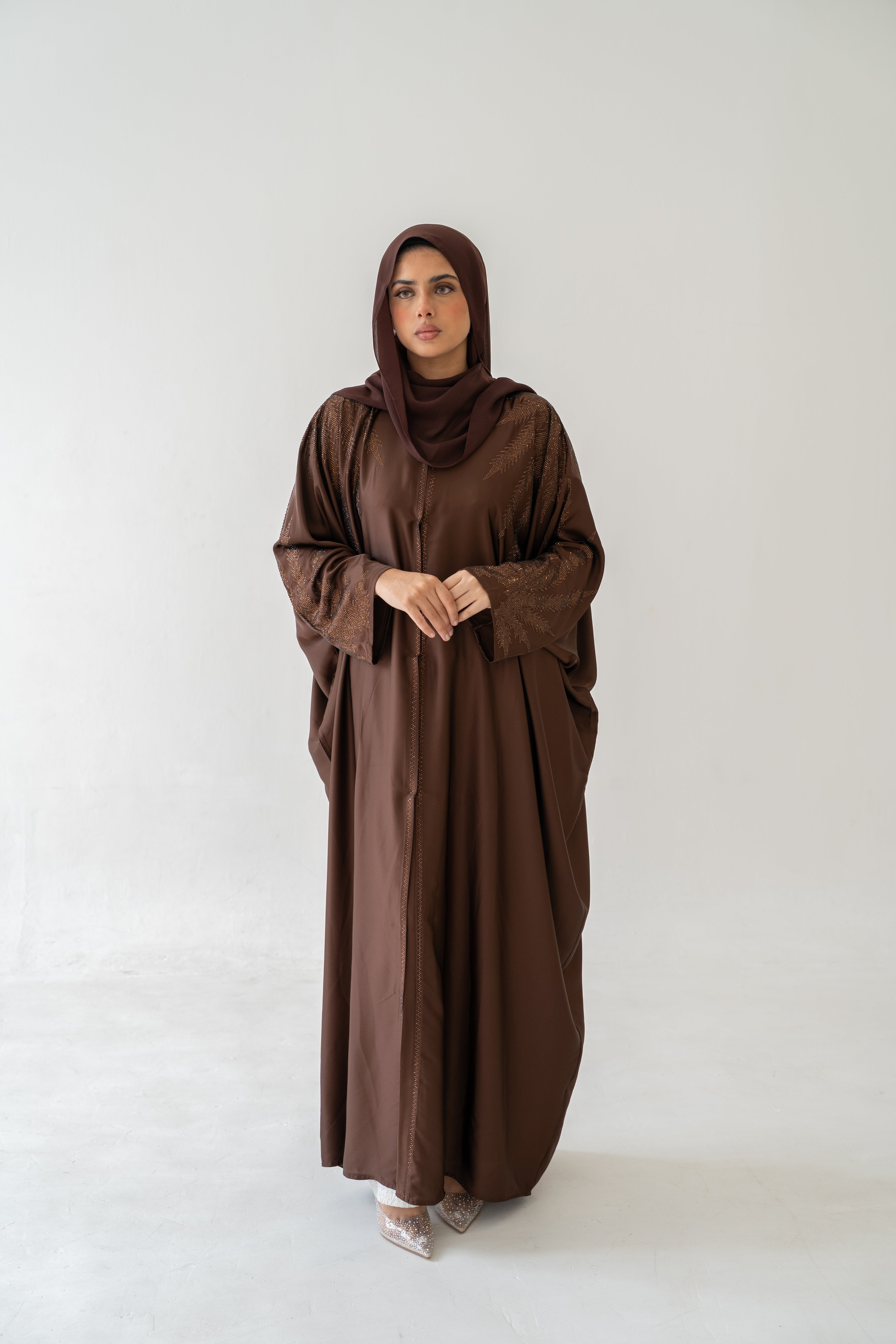 Front view of Abaya Noor Silk Embellished Diamante Hijab