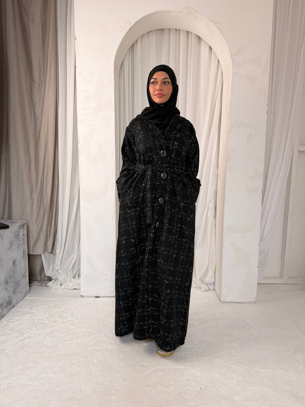 Tweed Button-Front Abaya Coat with Belt & Matching Hijab