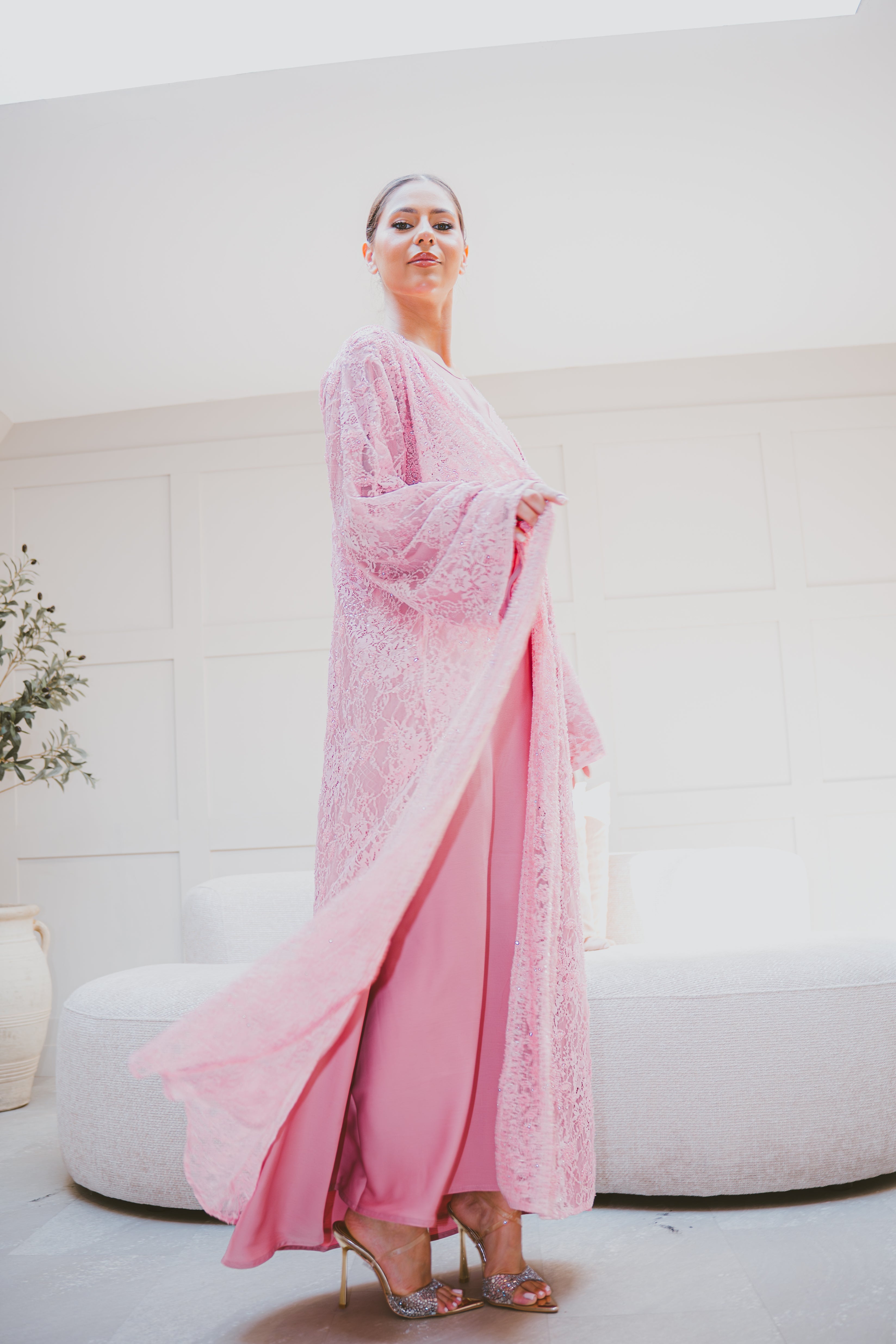 Luxury Lace Beaded Abaya Set with Inner Dress & Matching Hijab. Wedding Edition