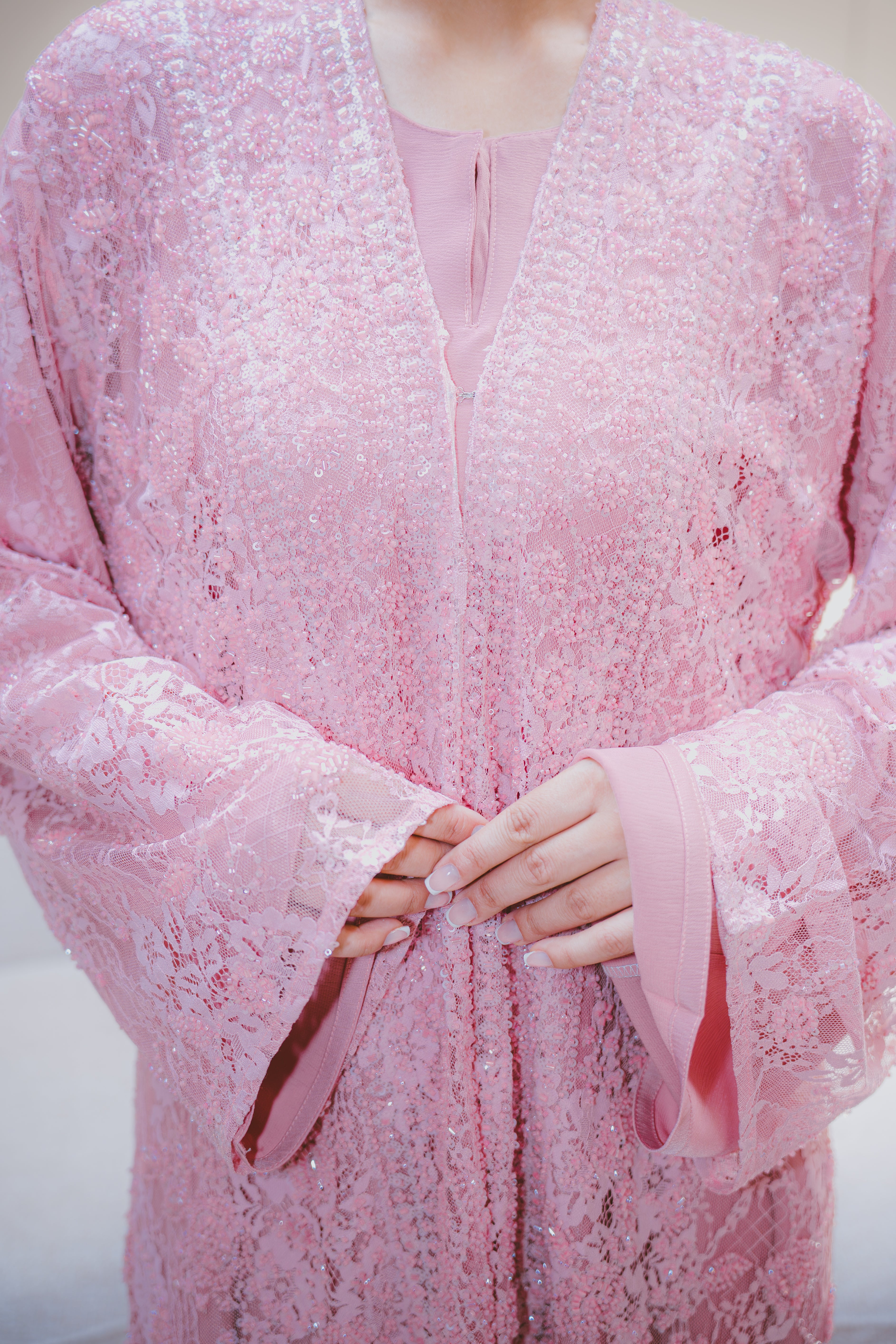 Luxury Lace Beaded Abaya Set with Inner Dress & Matching Hijab. Wedding Edition