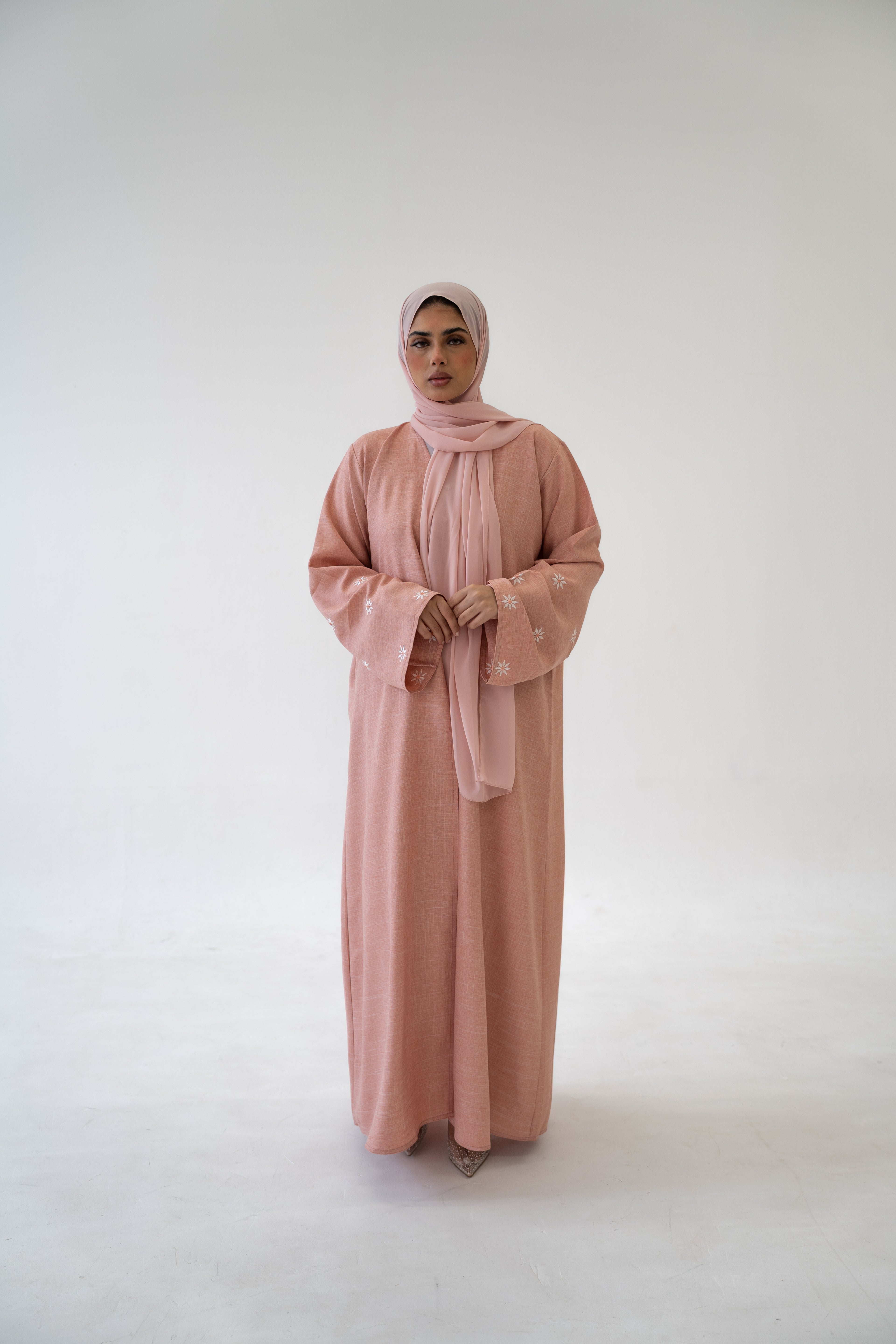 Linen Blend Closed Abaya front view on model