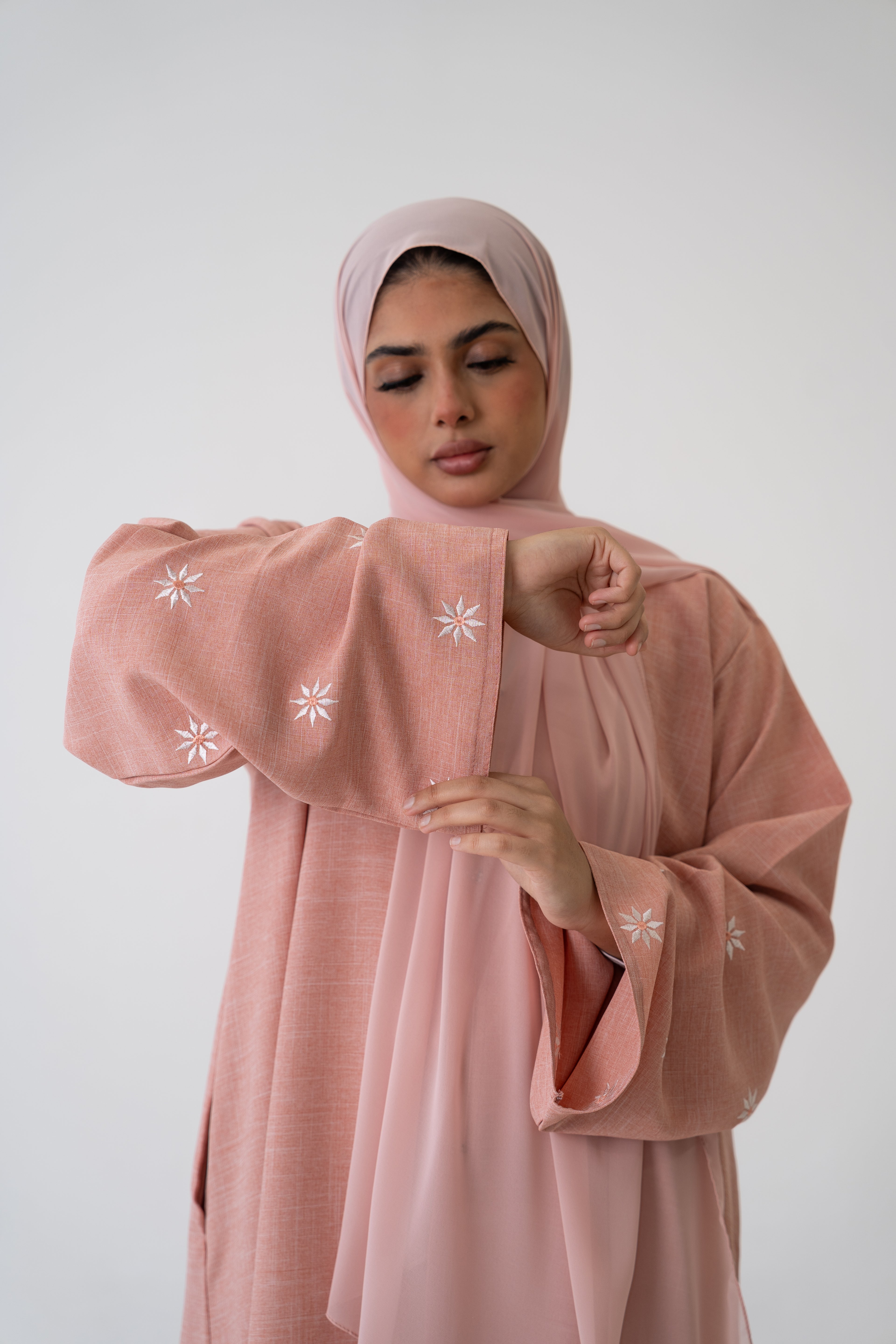 Linen Blend Closed Abaya casual styling with accessories