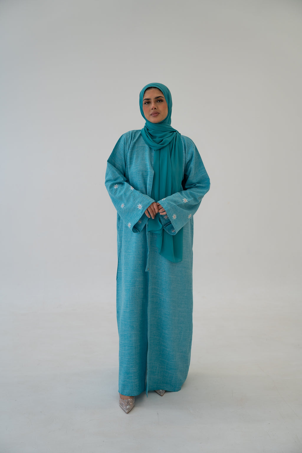 Front view of Linen Blend Button Abaya elegant modest design