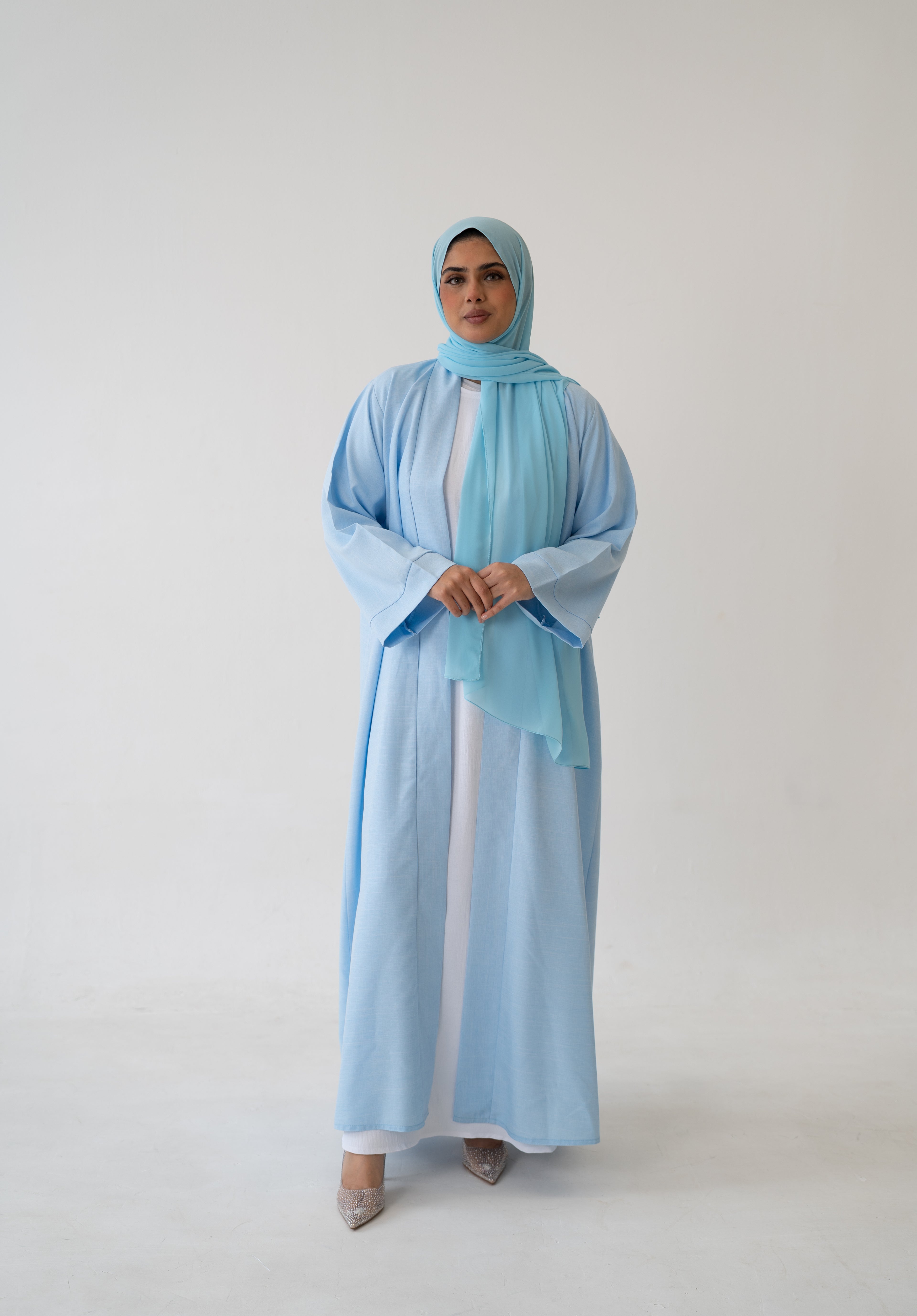 Front view of 3 Piece Linen Abaya Set modest ensemble