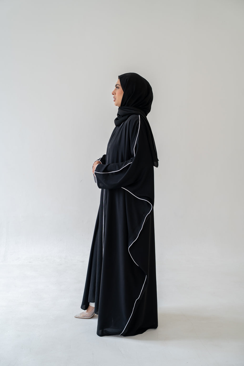 Black Abaya with White Piping with matching hijab
