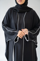 Black Abaya with White Piping – 3-Piece Set