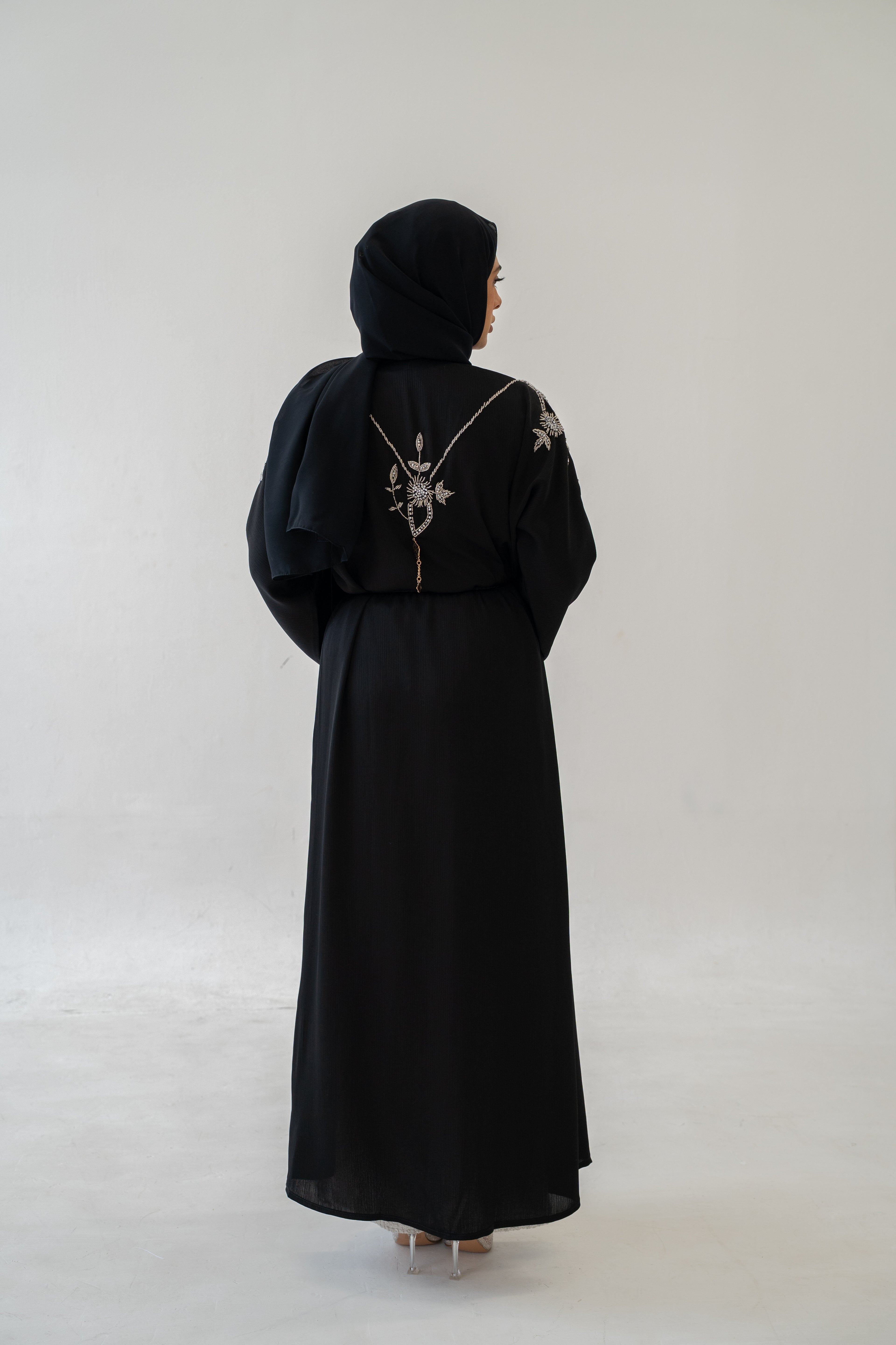 Styled look with Abaya Hira Embroidered Crinkle Fabric hijab