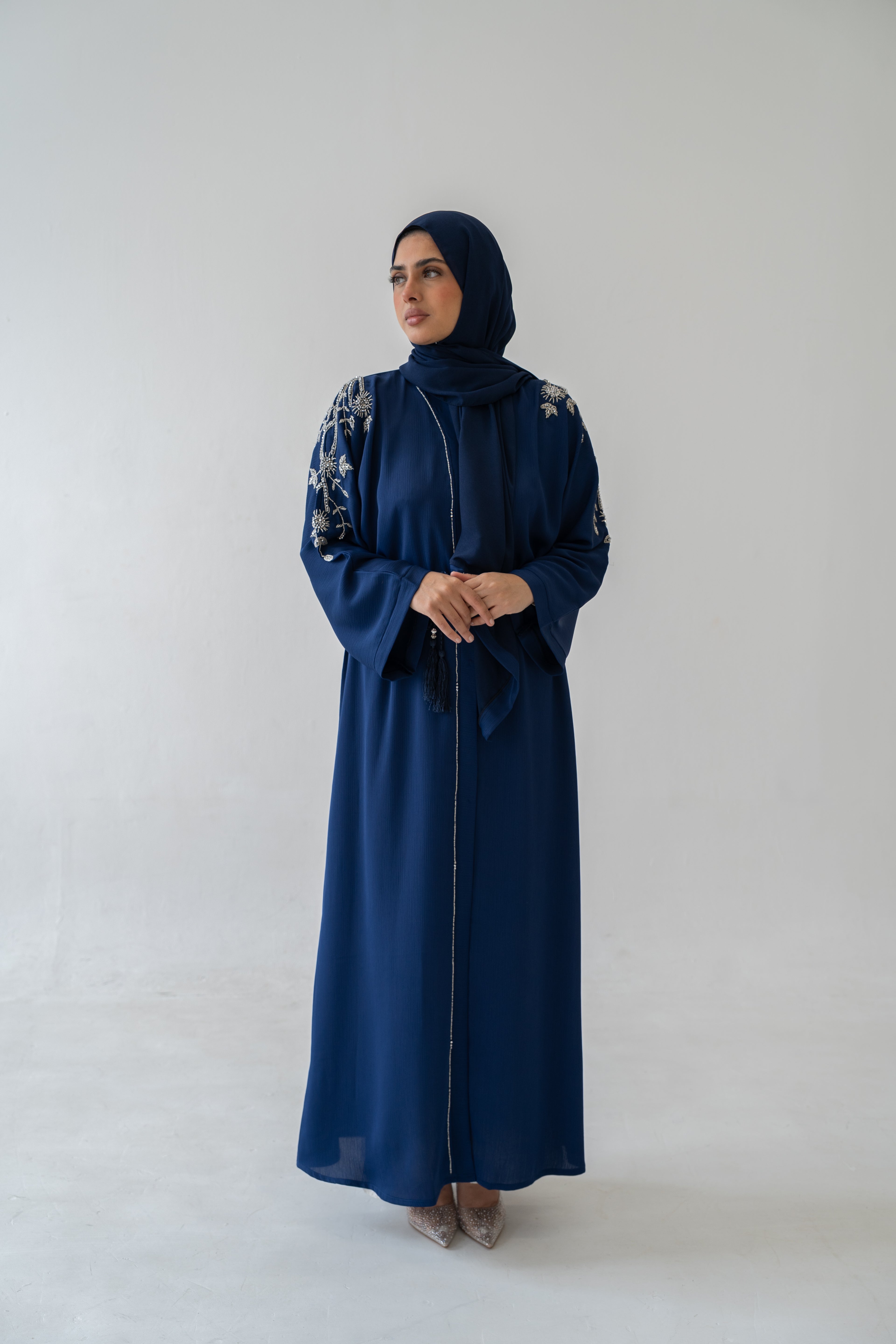 Abaya Hira Embroidered Crinkle Fabric full view on model