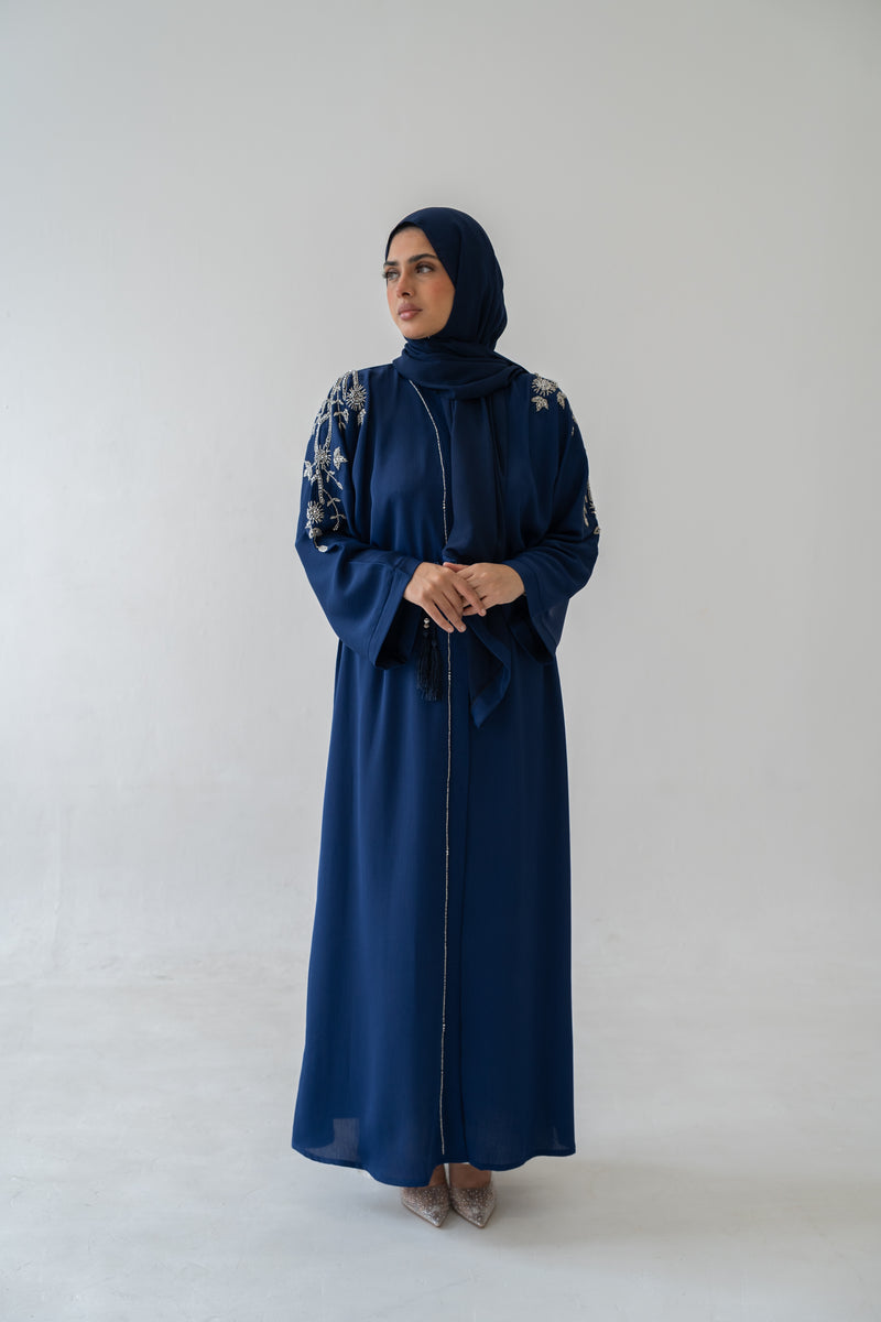 Abaya Hira Embroidered Crinkle Fabric full view on model