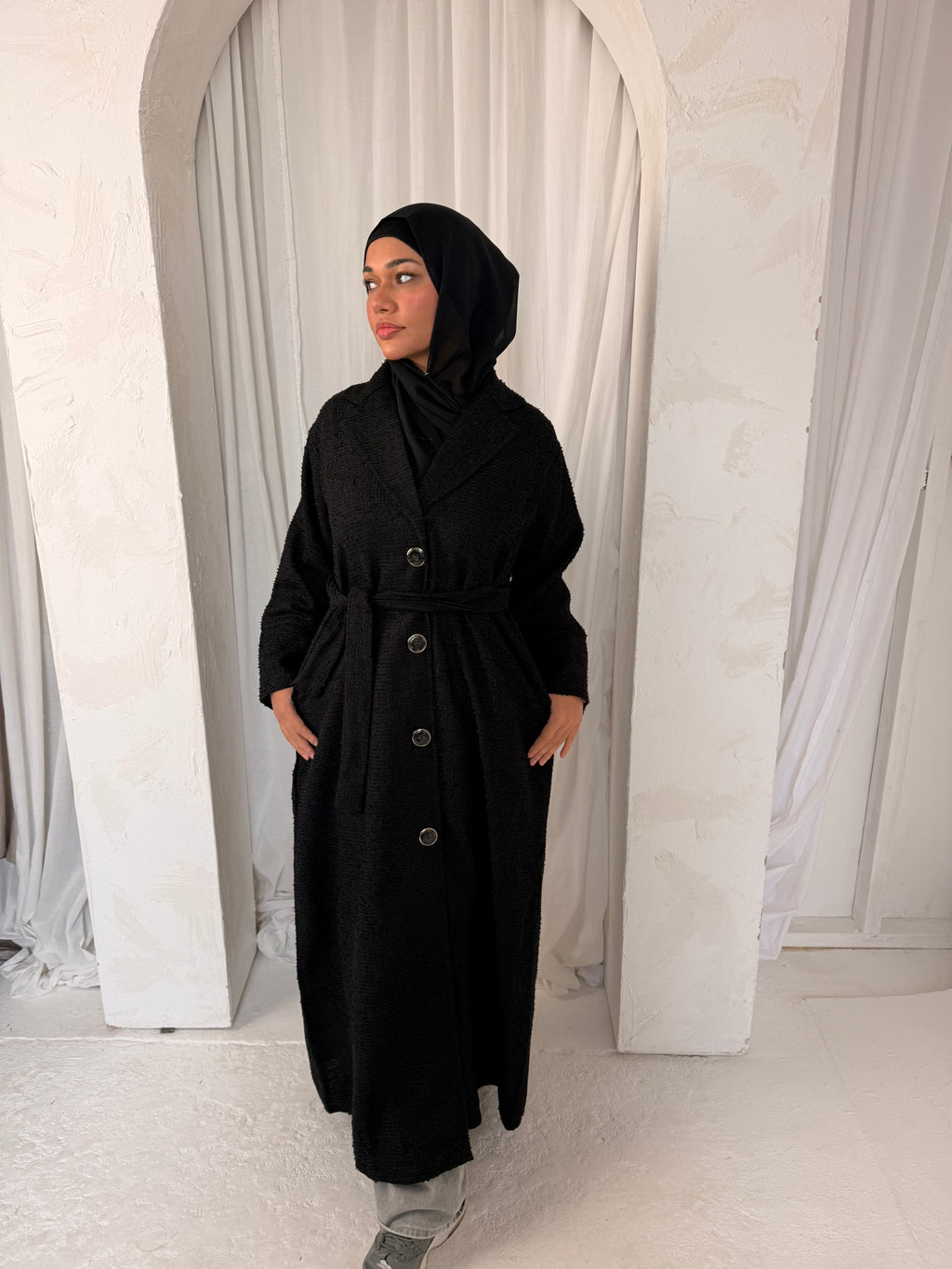 Tweed Button-Front Abaya Coat with Belt & Matching Hijab