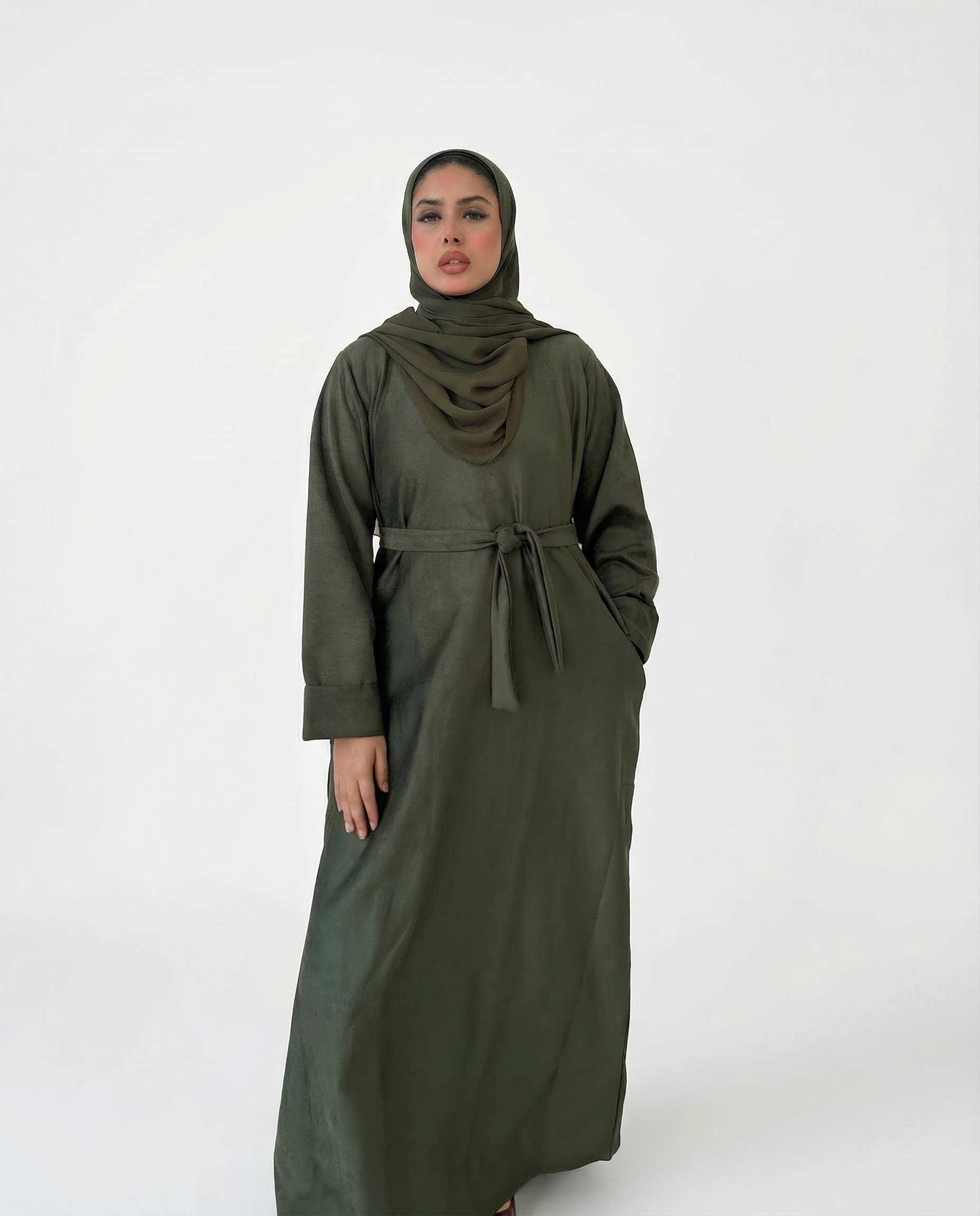 Suede Winter Abaya 3‑piece set on model