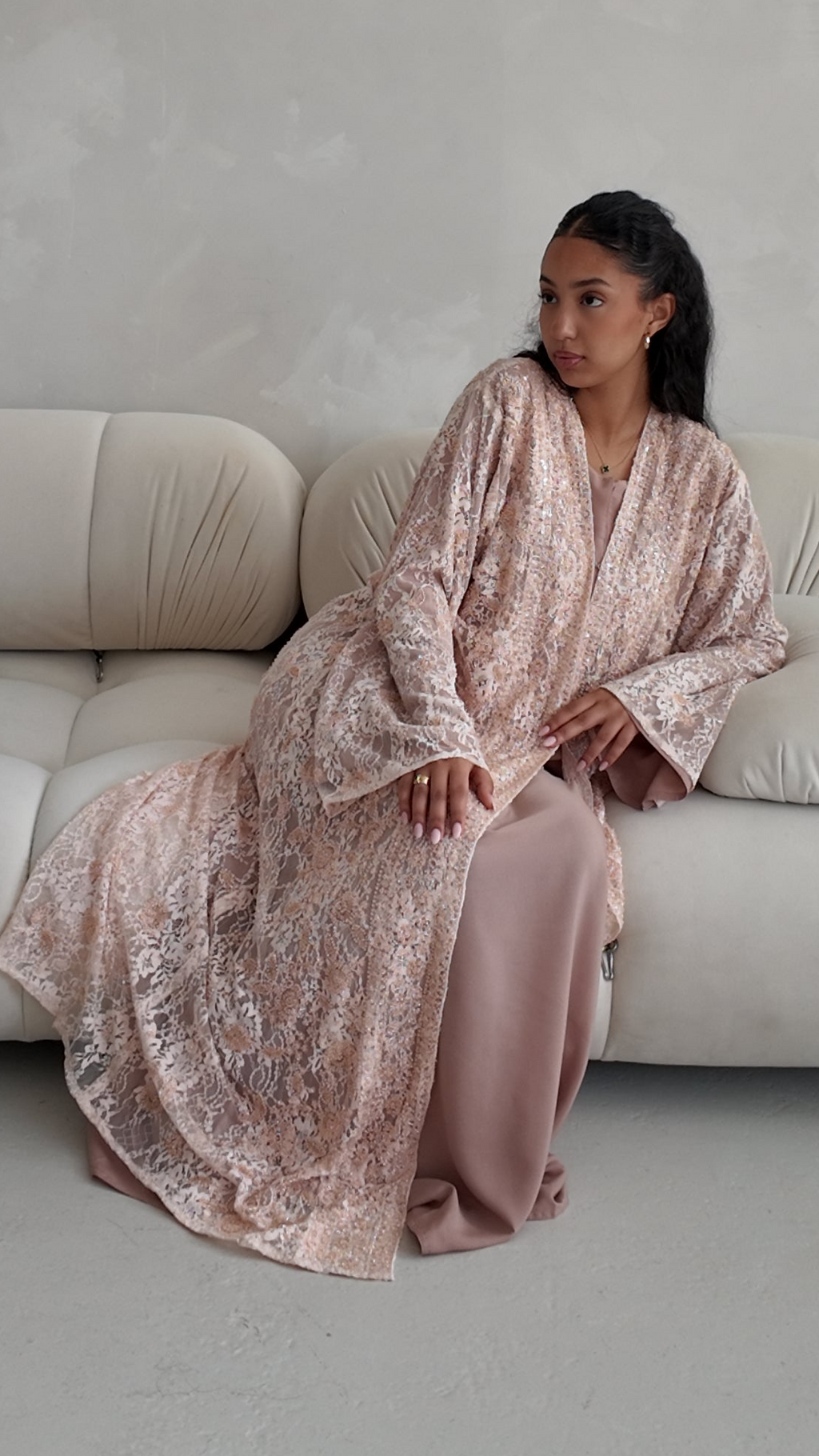 Luxury Lace Beaded Abaya Set with Inner Dress & Matching Hijab. Wedding Edition
