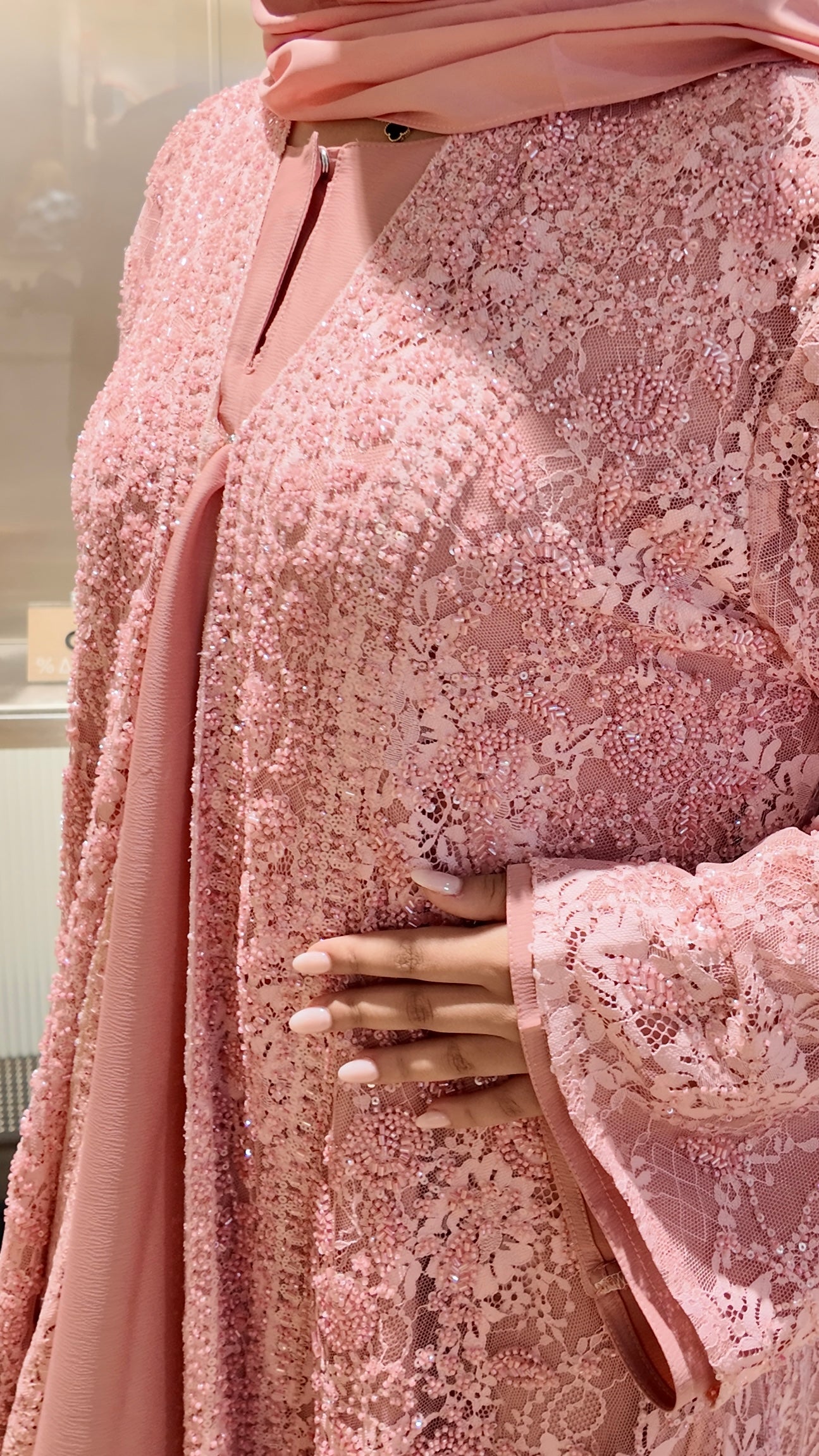 Luxury Lace Beaded Abaya Set with Inner Dress & Matching Hijab. Wedding Edition