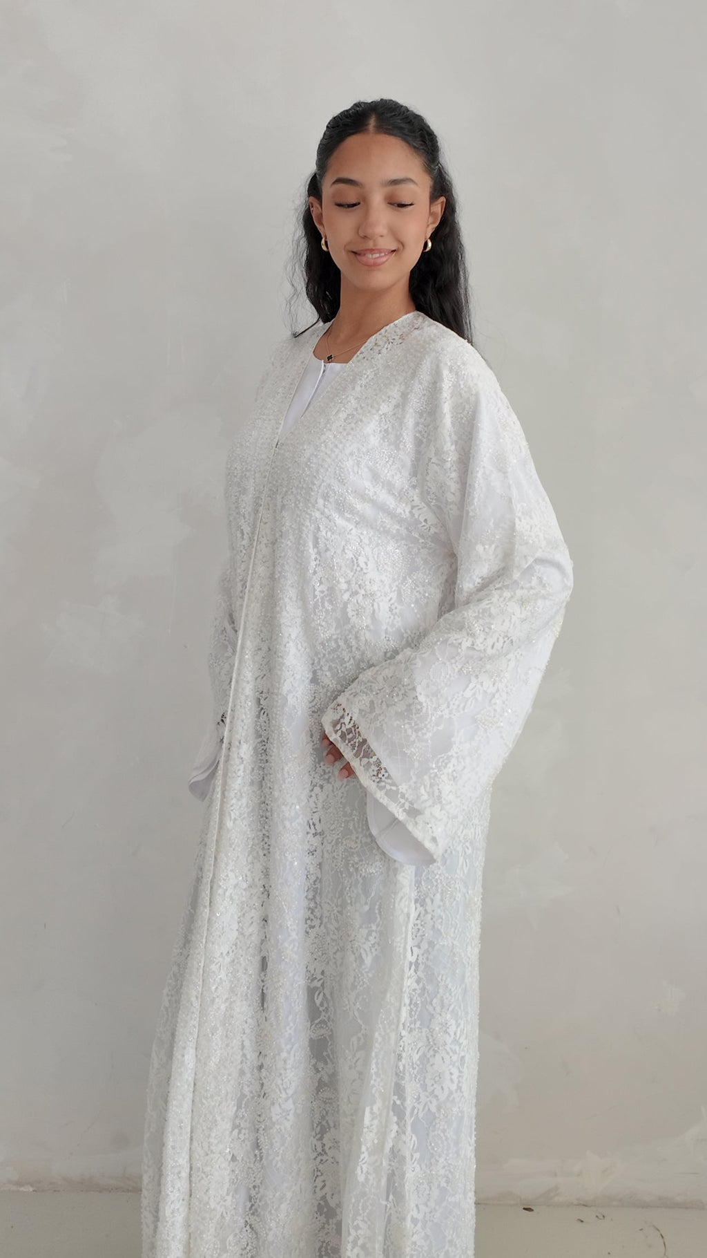 Luxury Lace Beaded Abaya Set with Inner Dress & Matching Hijab. Wedding Edition