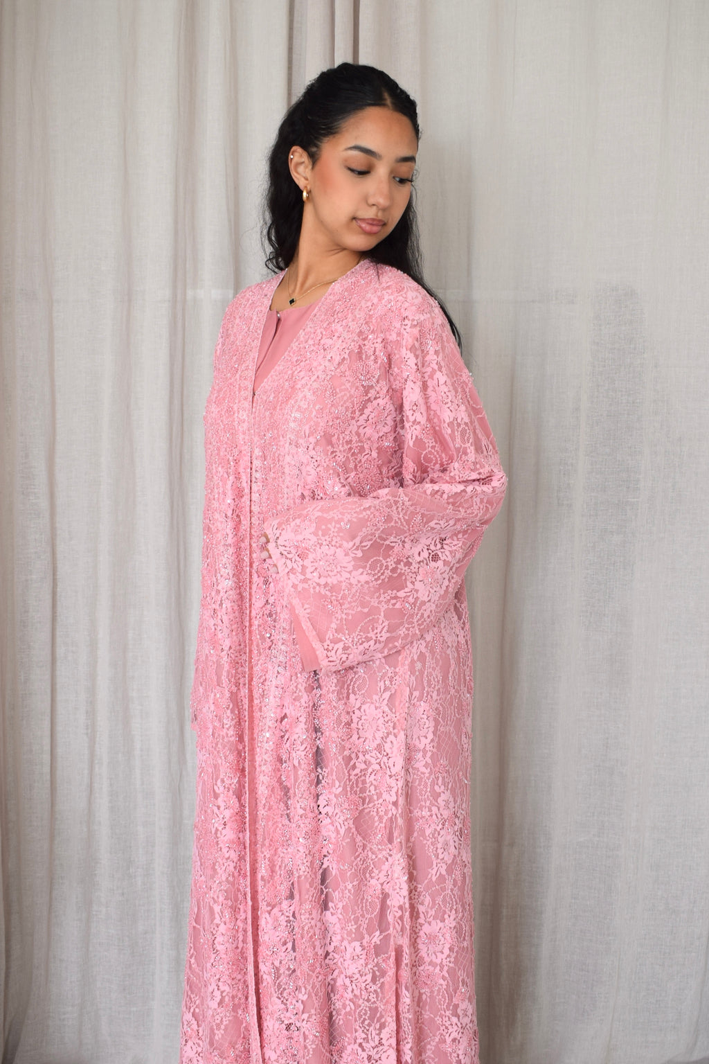 Luxury Lace Beaded Abaya Set with Inner Dress & Matching Hijab. Wedding Edition