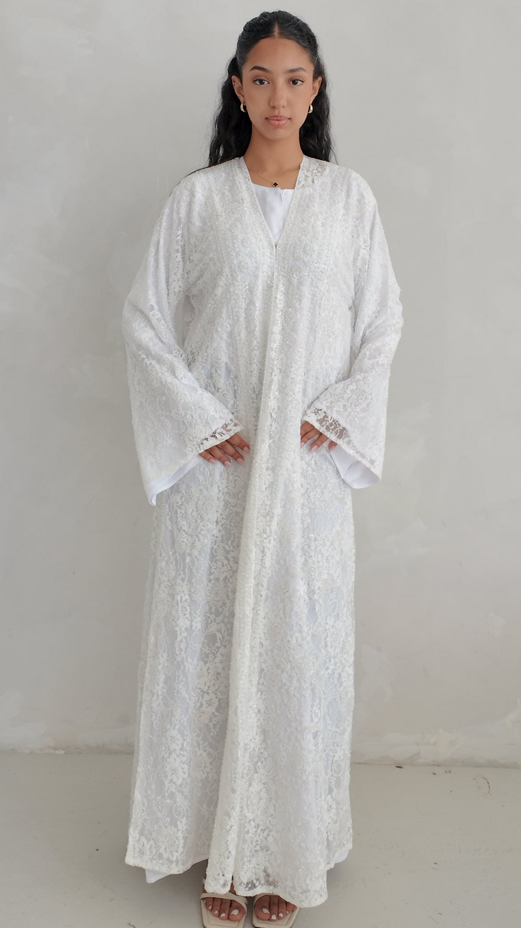 Luxury Lace Beaded Abaya Set with Inner Dress & Matching Hijab. Wedding Edition