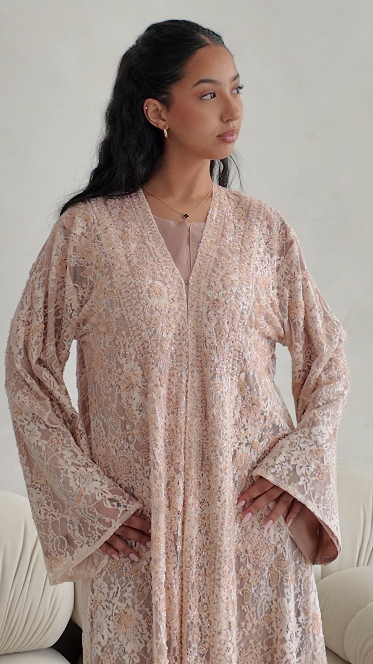 Luxury Lace Beaded Abaya Set with Inner Dress & Matching Hijab. Wedding Edition