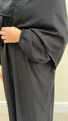 Plain Black Abaya with Cuffed Sleeves; Attached Hijab