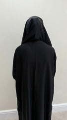 Plain Black Abaya with Cuffed Sleeves; Attached Hijab