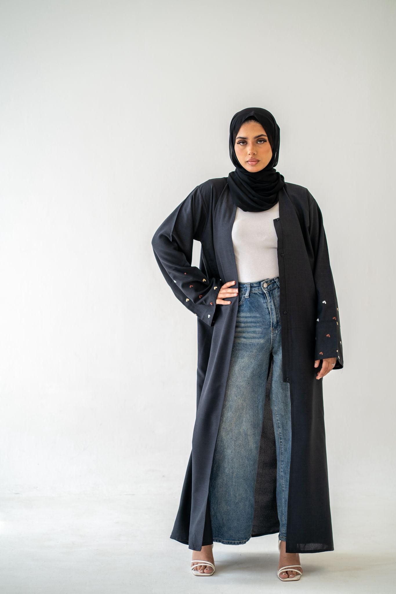 Black Heart Sleeve Abaya full view on model