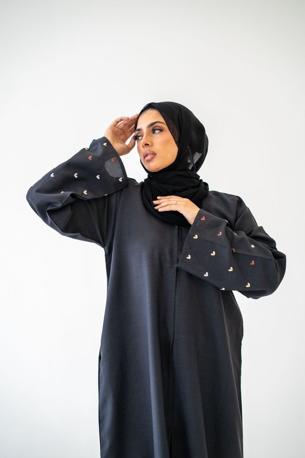 Side view of Black Heart Sleeve Abaya