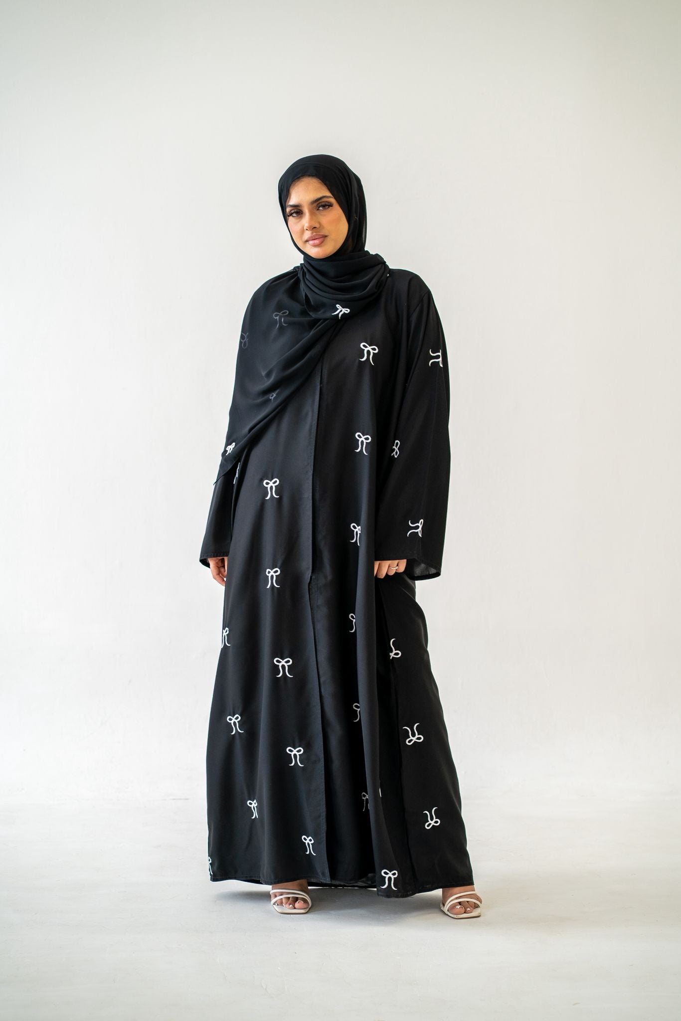 Black Button Abaya with Bow Detail full set