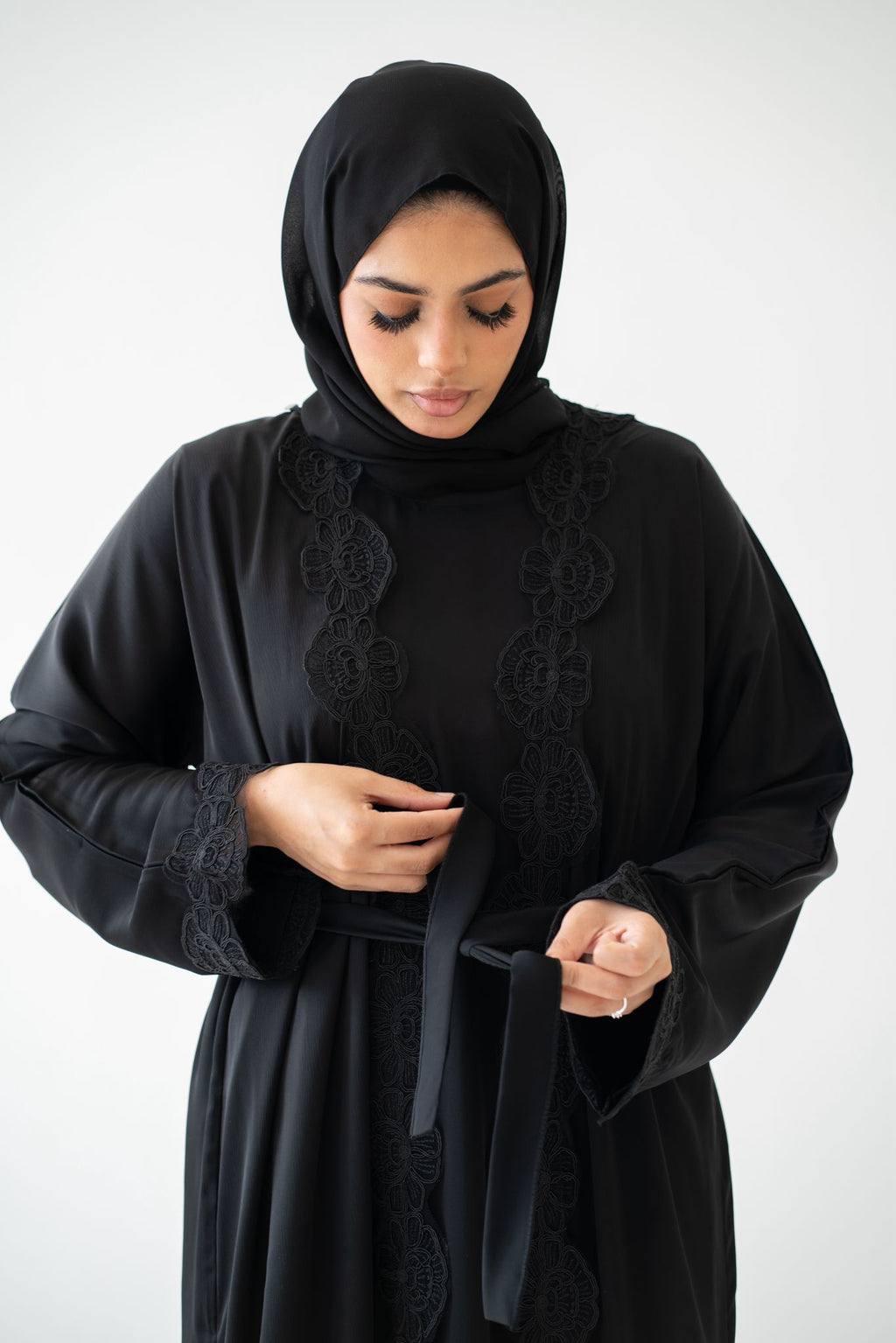 Close‑up of lace detail on Elegant Lace Abaya Set