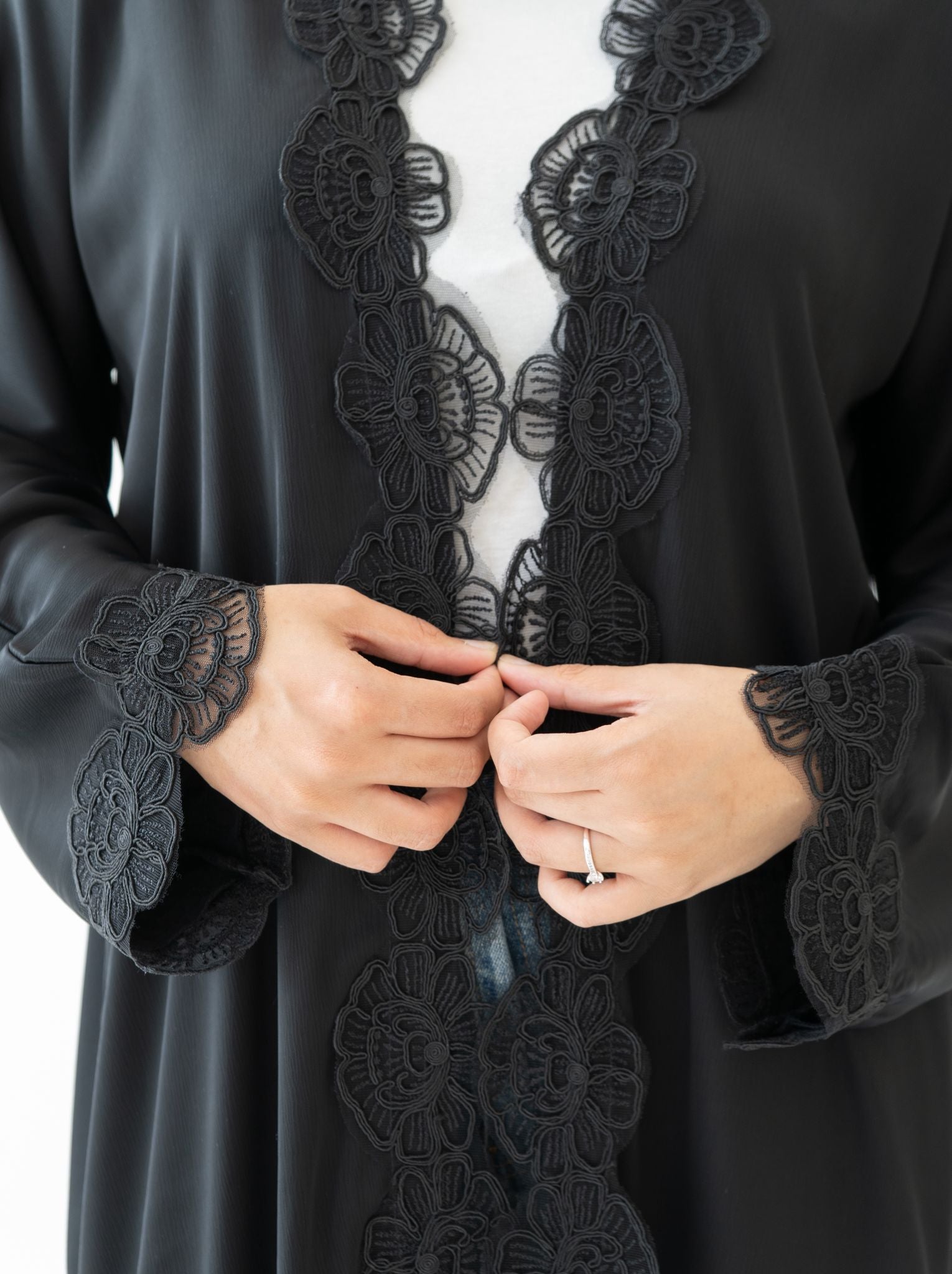 Elegant Lace Abaya Set with inner hijab on model