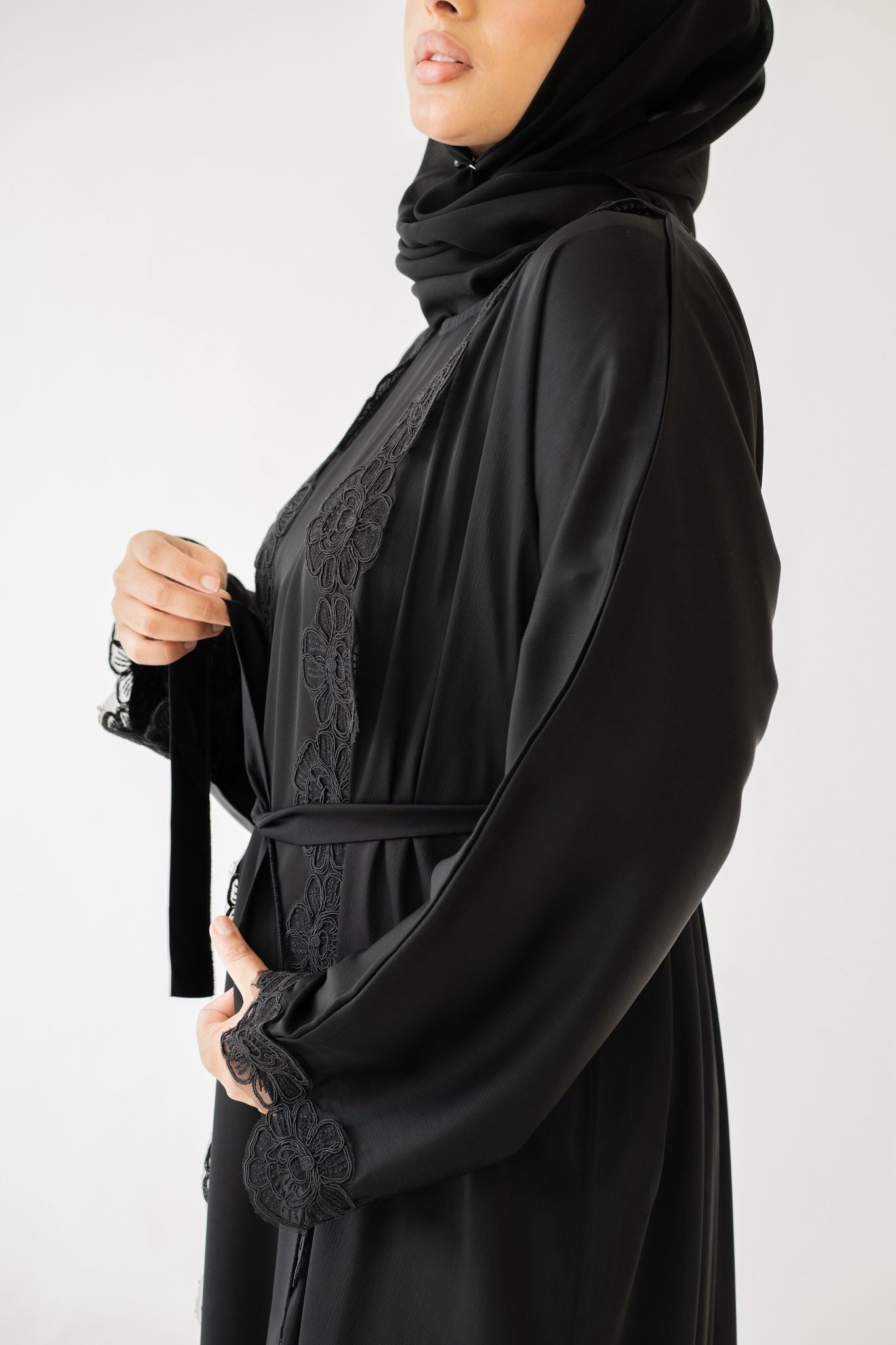 Side view of Elegant Lace Abaya Set graceful silhouette