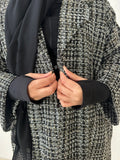 Model wearing Abaya Winter Coat black and white