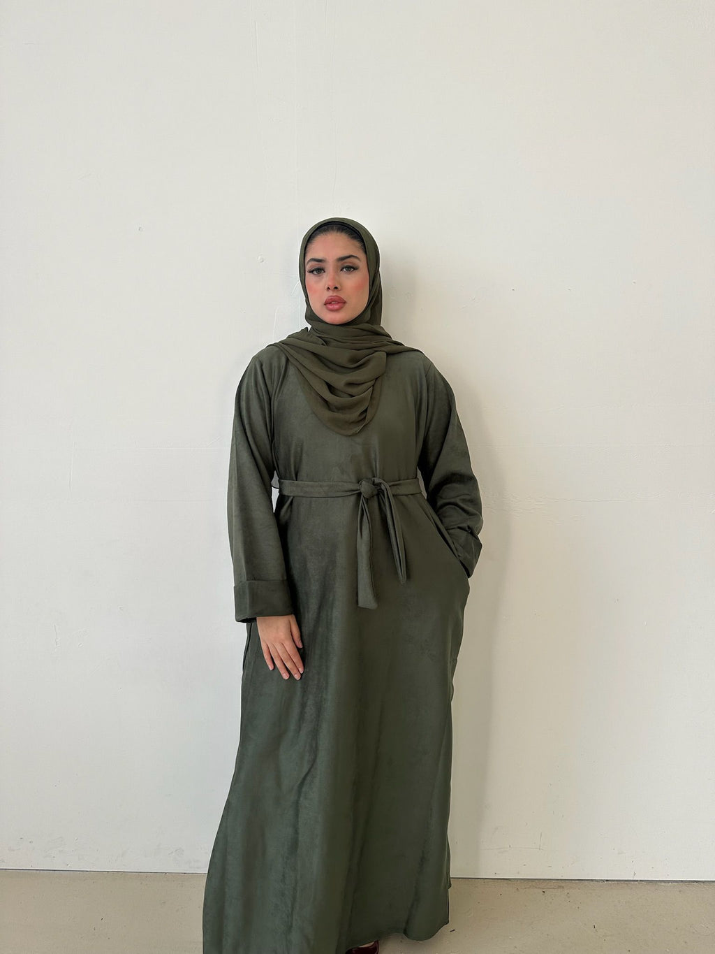 Suede Winter Abaya styled with accessories