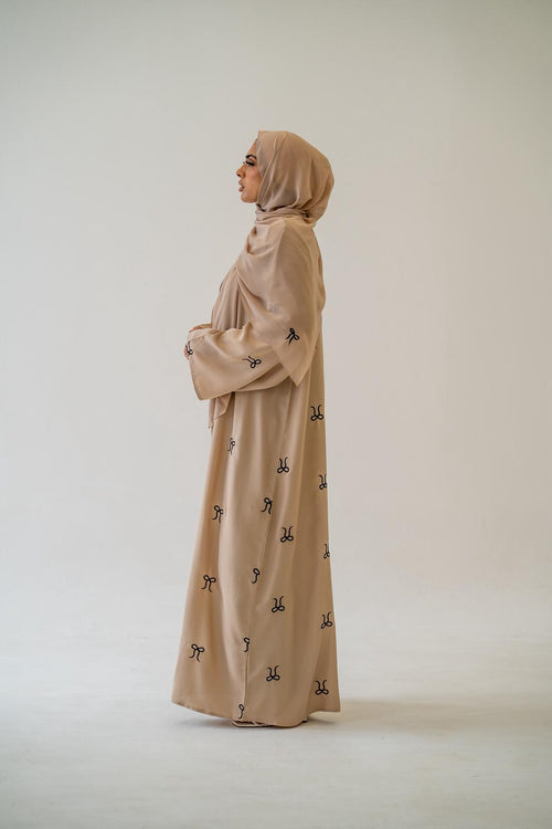 Breathable fabric of Black Button Abaya with Bow Detail