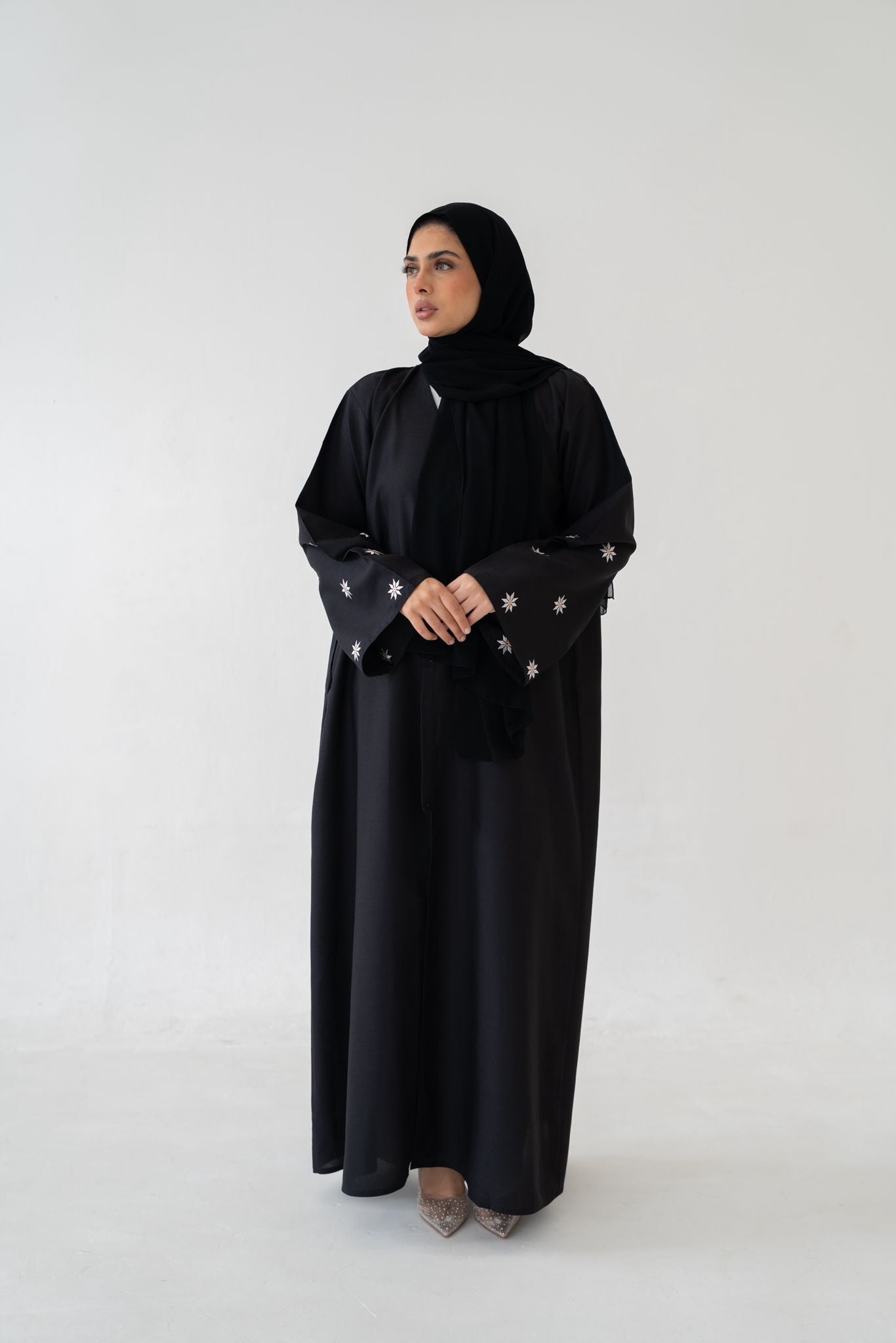 Flower Sleeve Black Abaya on model