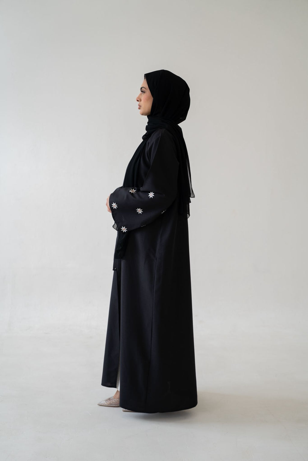 Close‑up floral sleeve detail of Flower Sleeve Black Abaya