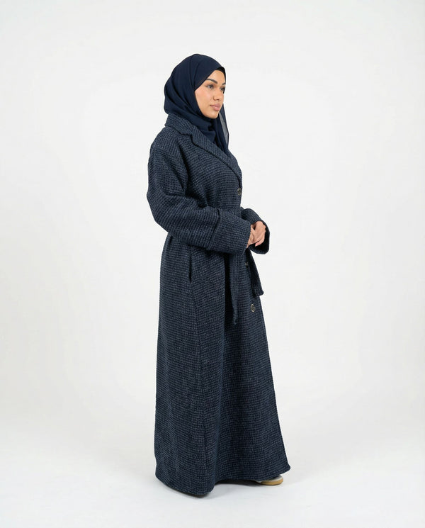 Tweed Button-Front Abaya Coat with Belt & Matching Hijab