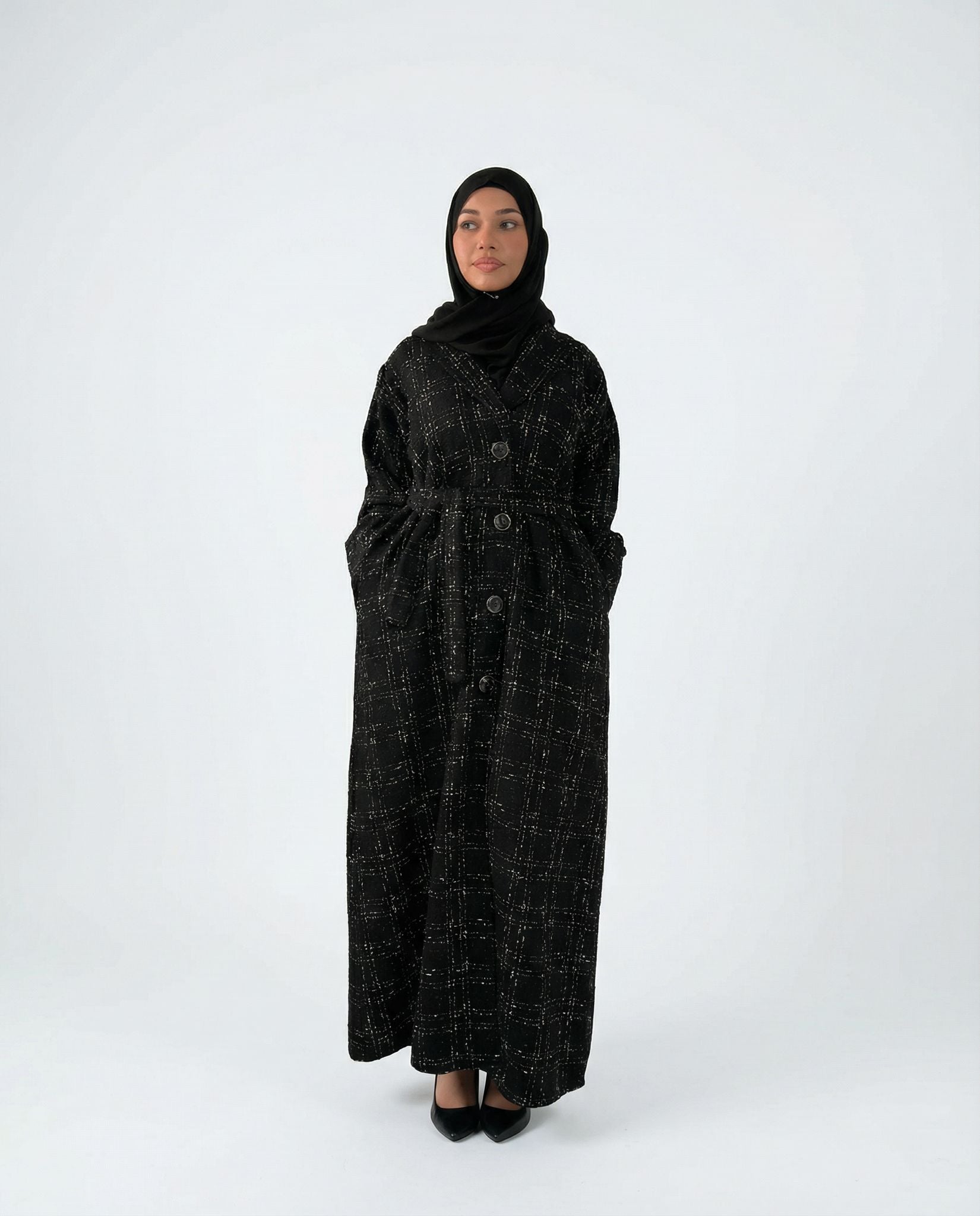 Tweed Button-Front Abaya Coat with Belt & Matching Hijab