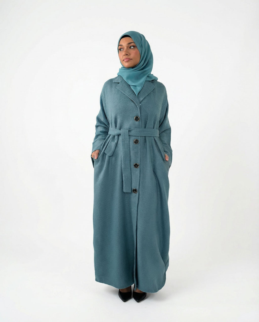 Tweed Button-Front Abaya Coat with Belt & Matching Hijab