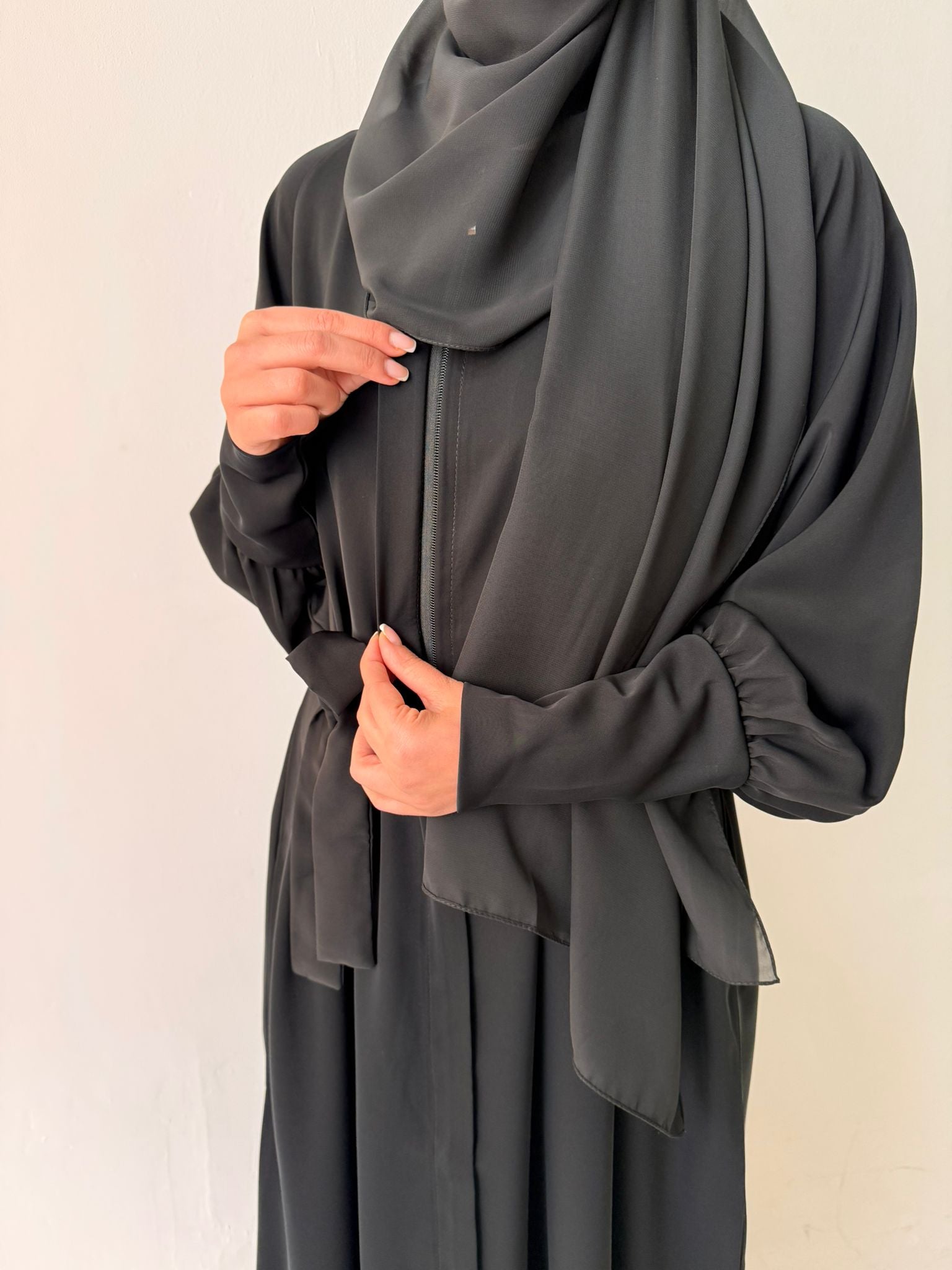 Full Zip Cuffed Sleeve Nursing Friendly Nida Material Abaya